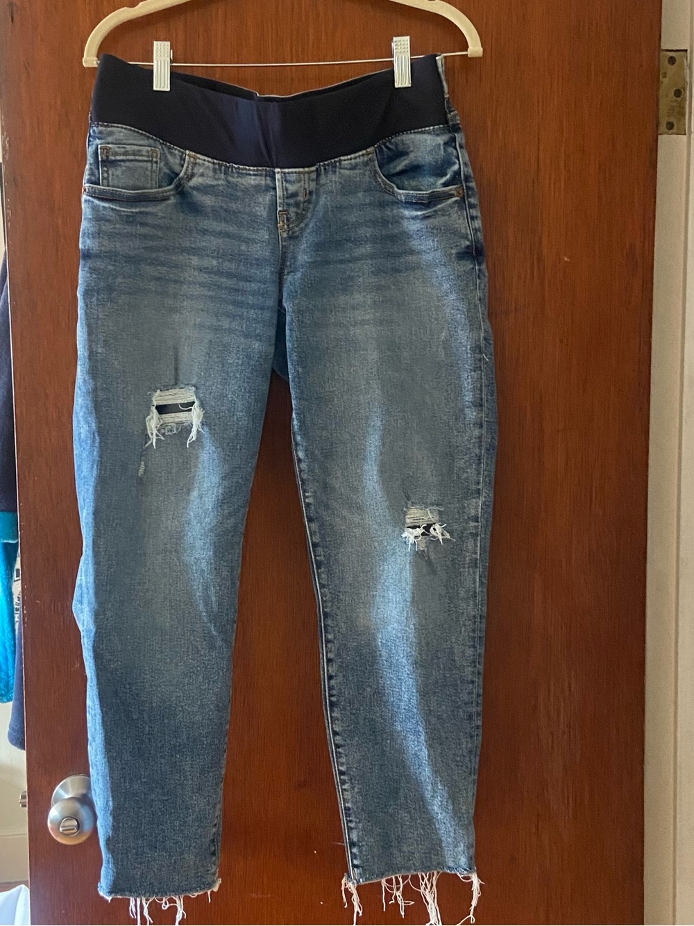 Maternity Dark Blue Distressed Stretch Jeans with Elastic Waistband